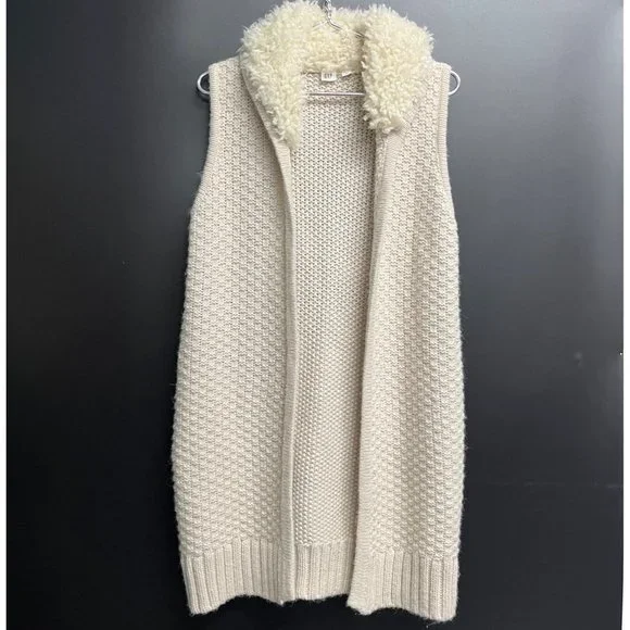 Gap SMALL Womens Sherpa Collar Cream Alpaca Wool Blend Knit Tunic Sweater Vest - Picture 2 of 11